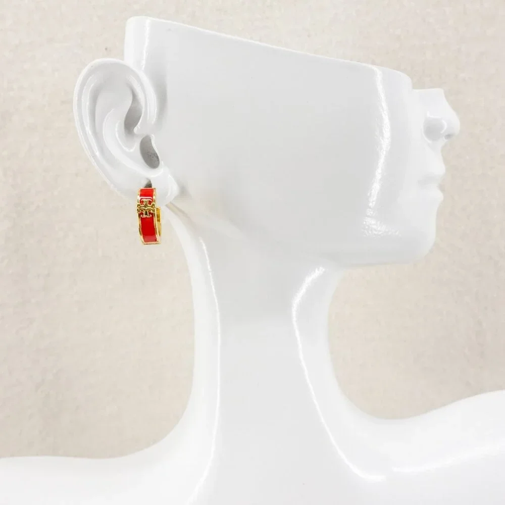 Tory Burch Kira Enamel Huggie Hoop Earrings Red OS